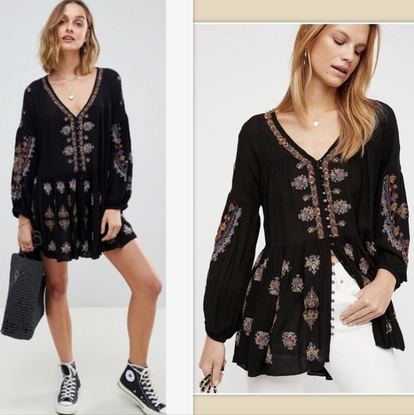 Free People Arianna Embroidered Tunic Boho Tunic Top Mini Dress Oversized XS S M - Picture 2 of 9